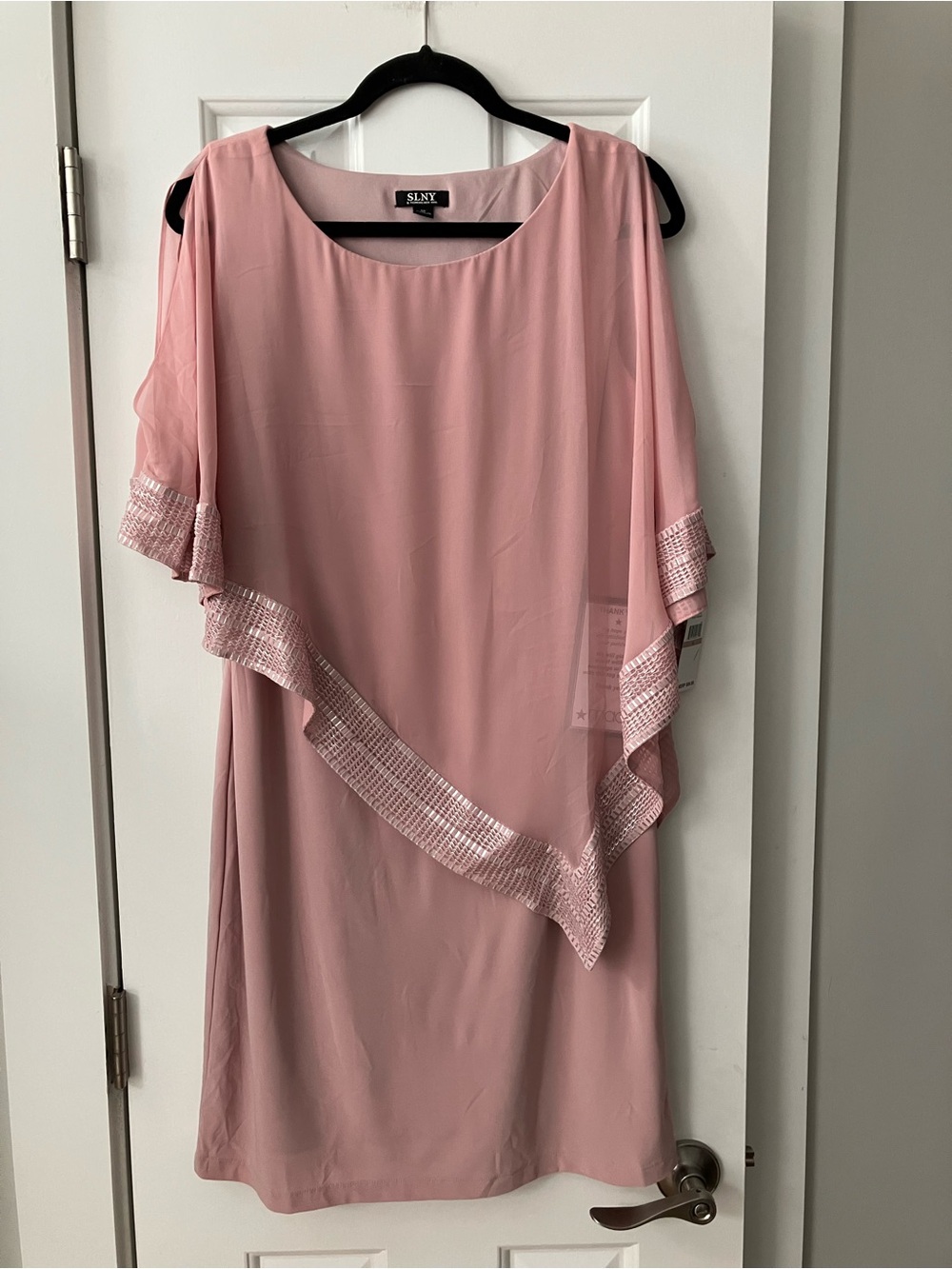 SLNY Blush Pink Open Slit Sleeve Embellished Chiffon Overpiece Sheath Dress